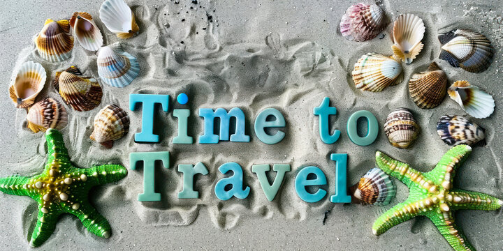 Seashells and starfish forming the words Time to Travel on sand, evoking a beach vacation concept and wanderlust for travel adventures Perfect imagery for promoting travel, cruise or resort advert