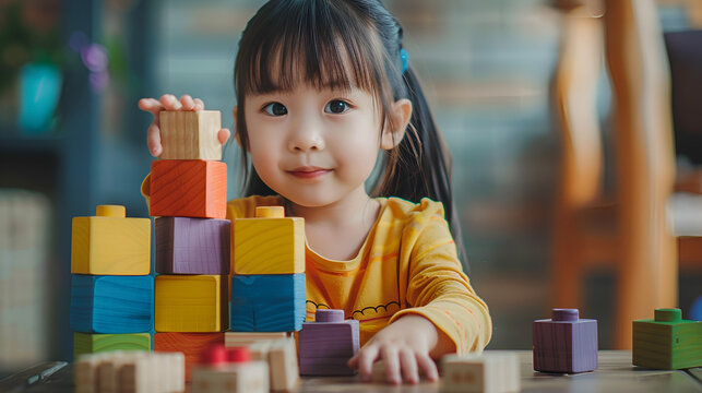 Adorable little child girl of preschooler age playing with blocks, generative Ai