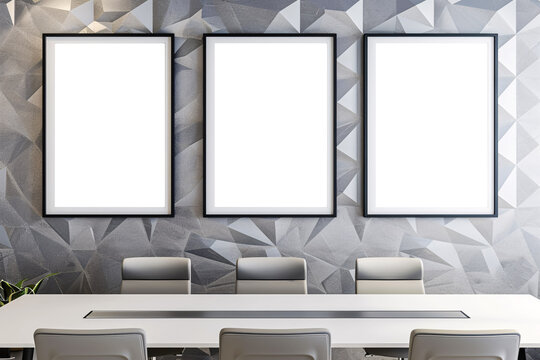 Mockup poster frame set on modern interior office wall, 3 Blank photo frame mockup