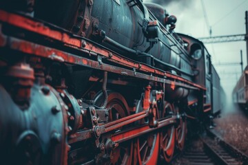 Obraz premium Seitliche Nahaufnahme einer Dampflokomotive 