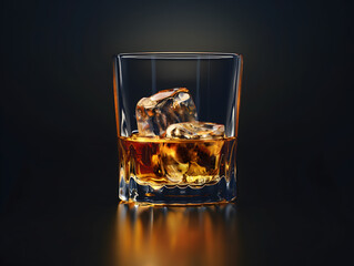 Crystal Whiskey Glass with Ice on a Reflective Black Background