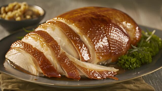 The turkey takes center stage carved with precision and served alongside a generous helping of gravy delighting taste buds and filling hearts with gratitude.