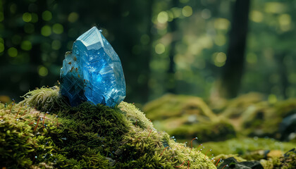 A blue crystal sits on a mossy rock in a forest