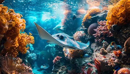 Poster A blue stingray is swimming in a coral reef © terra.incognita