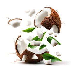 Fresh Coconut with Leaves Exploding into Pieces on White Background - obrazy, fototapety, plakaty