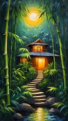 Illustration of bamboo forest with bamboo house at night. - obrazy, fototapety, plakaty
