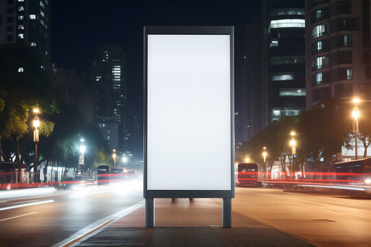 Illuminated Blank Billboard on a City Street at Night