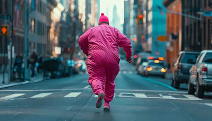 A man in a pink suit runs down a city street - obrazy, fototapety, plakaty