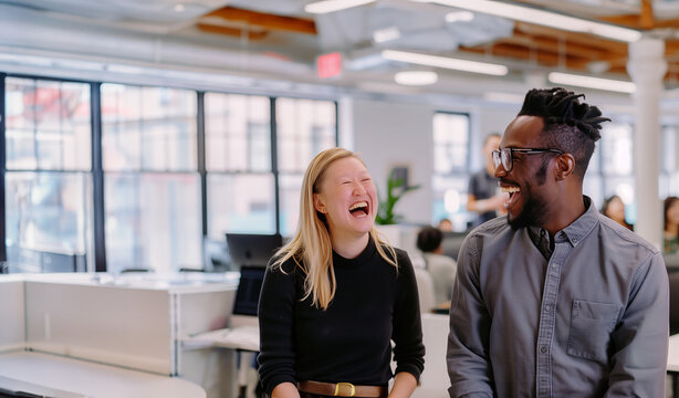 Two Coworkers Laughing in a Modern Office