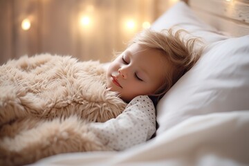 Closeup cute toddler baby sleeping on a cozy bed. Happy toddler child peaceful sleep on a comfortable bed at home. Sweet dreams. Adorable toddler naptime. Family love and tranquility.