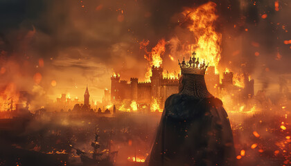 A man in a crown stands in front of a burning castle - Powered by Adobe