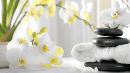 Fototapeta na wymiar Serene Spa and Wellness Setting with Orchids and Zen Stones