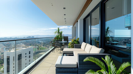 Sleek balcony design with frameless glass railings and comfortable seating overlooking a cityscape at sunrise