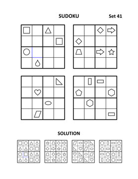 Sudoku - four picture puzzles for brain workout. Print and draw shapes to fill in the blanks.Suitable both for kids and adults. Answers included. Set 41.
