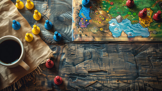 Strategic board game with wooden mascots on the tables, top view. Composition with copy space. Playing with friends, cozy evening leisure. Hobby for adults and families with children. Board game club