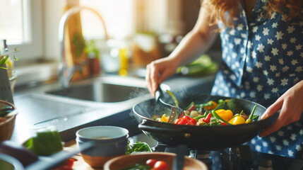 Woman cooking a low-fat stir-fry focus on fresh ingredients