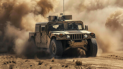 A rugged military vehicle maneuvers through dusty desert terrain.