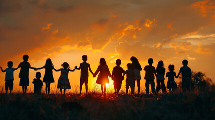 A silhouette of a refugee kid group. Responsible. Childrens worship world kids day