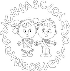 Happy little boy and girl graduates of kindergarten with red holiday ribbons and funny letters of alphabet from ABC book, black and white outline vector illustration for a coloring book