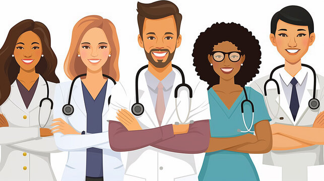 Illustration. Group of doctors of different nationalities on white background