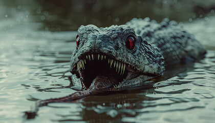A crocodile is seen in the water with its mouth open, holding a stick