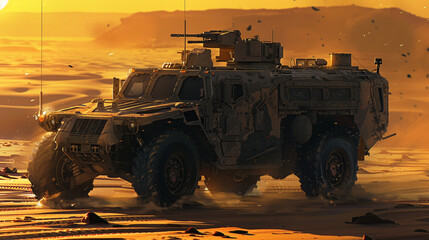 The harsh desert sun glints off the armored surface of the military vehicle. - obrazy, fototapety, plakaty