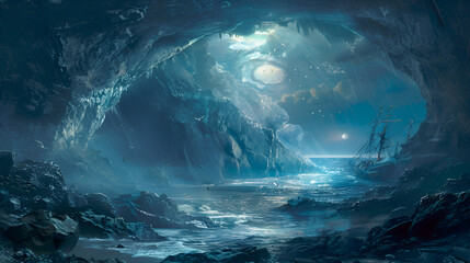 Illustration of Other World's Fantasy Landscapes Realistic Underwater Scene Beneath the Vast Sea.
 - obrazy, fototapety, plakaty