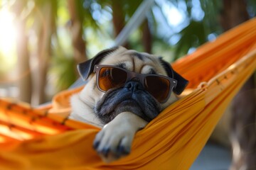 A pug in a hammock with glasses