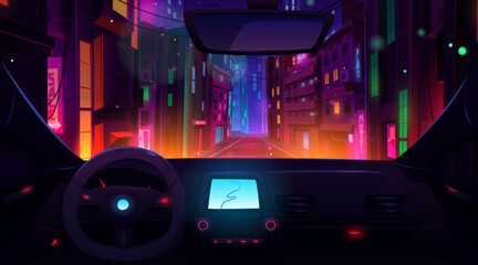 Naklejka premium Car inside dashboard and future neon road view vector illustration. Cityscape drive with urban light street landscape and transport interior. Taxi gps navigation display in dark futuristic downtown.
