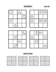 Sudoku - four picture puzzles for brain workout. Print and draw shapes to fill in the blanks. Suitable both for kids and adults. Answers included. Set 41.

