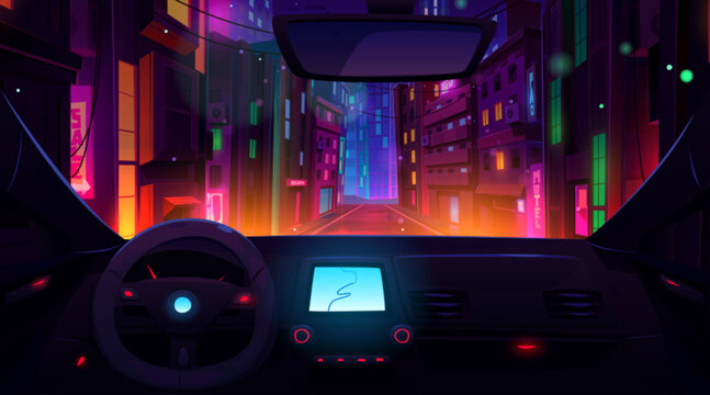 Fototapeta Car inside dashboard and future neon road view vector illustration. Cityscape drive with urban light street landscape and transport interior. Taxi gps navigation display in dark futuristic downtown.