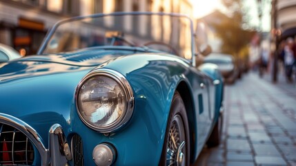 Nahaufnahme von einem blauen Oldtimer 