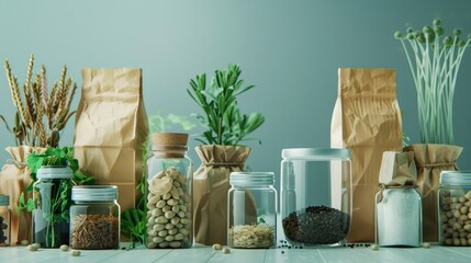 A row of sustainable packaging solutions,  including biodegradable bags,  compostable packaging peanuts,  and plant-based films - obrazy, fototapety, plakaty