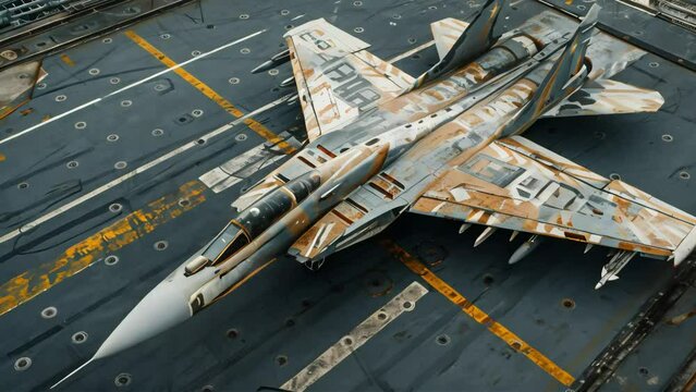 An old combat fighter painted in camouflage. On the deck of the ship. Generative AI
