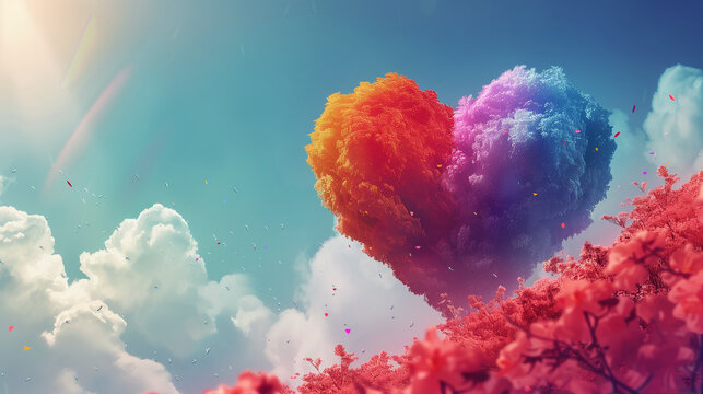 A heart-shaped cloud gracefully floats in the sky, symbolizing love and unity during Pride Month celebrations
