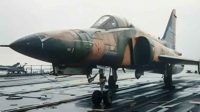An old combat fighter painted in camouflage. On the deck of the ship. Generative AI