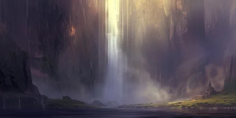 Schilderijen op glas Majestic Waterfall Cascading Through Lush Valley  © Thanakit