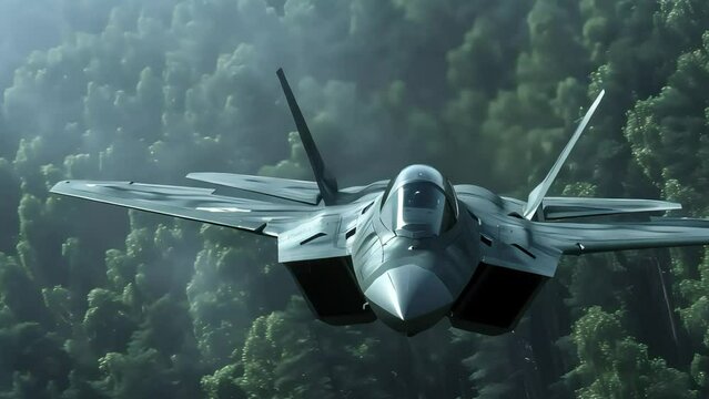 An F-22 flies over a lush green forest. Generative AI