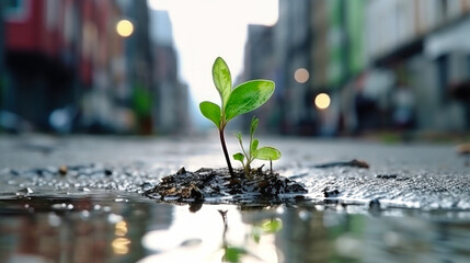 A young green plant breaks through the asphalt in the city center, symbolizing natures resilience and the importance of ecology - obrazy, fototapety, plakaty