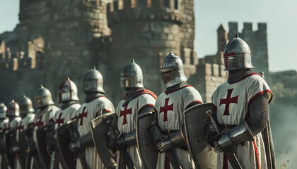 A group of knights are standing in a line, each holding a sword - obrazy, fototapety, plakaty