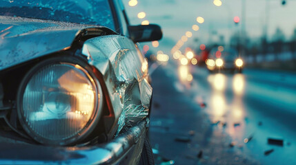 Close Up of Car Headlight in Rainy Weather