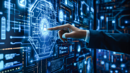 A hand pointing at a computer screen with a blue background, cyber security concept