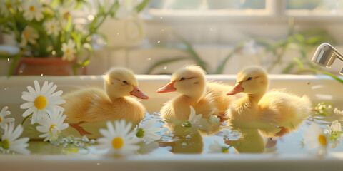 Cute little ducklings in a bowl with flowers . - obrazy, fototapety, plakaty