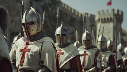 A group of knights are standing in a line, each holding a sword
