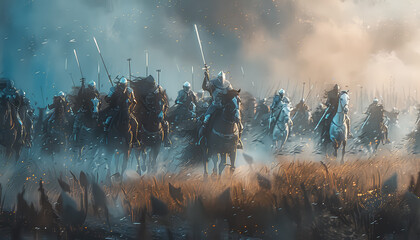 A group of knights are riding horses and fighting in a battle - obrazy, fototapety, plakaty