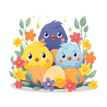 A cute illustration of chicks hatching from Easter