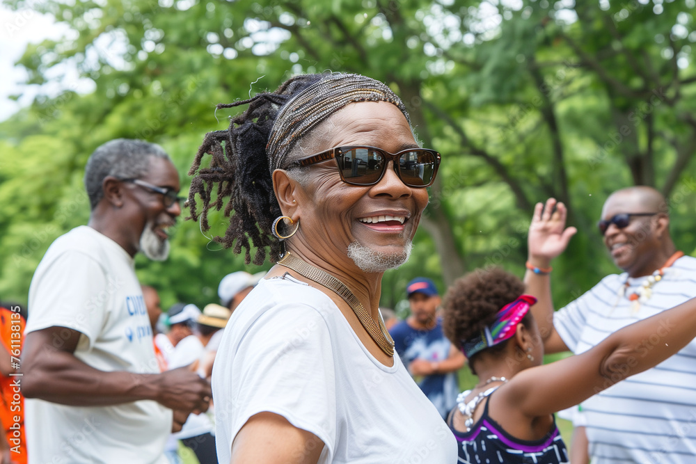 Wall mural smiling senior woman enjoying community outdoor gathering