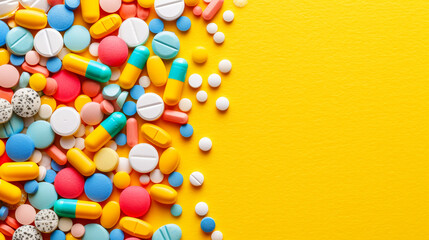 Top view: Array of colorful pills on a yellow surface, depicting diverse medications and treatments available - obrazy, fototapety, plakaty
