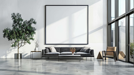 Sleek living room with concrete floor and large empty frame mockup against clean white wall, furnished with gray minimalist sofa and geometric coffee table