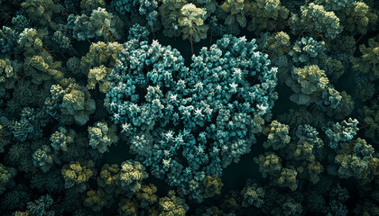 A heart made of trees is shown in a forest
